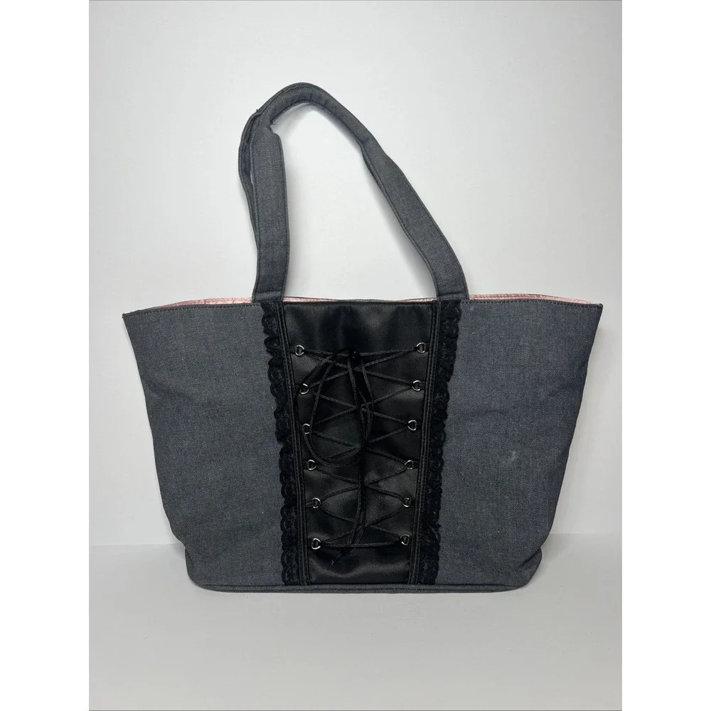 Victoria's Secret Denim Corset Lace Up Tote Bag Gray Pink Satin Y2K